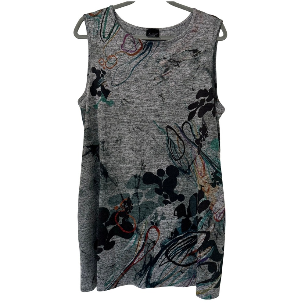 Inoah Top Womens‎ L Gray Abstract Sleeveless Pull On Made in USA Artsy Lagenlook